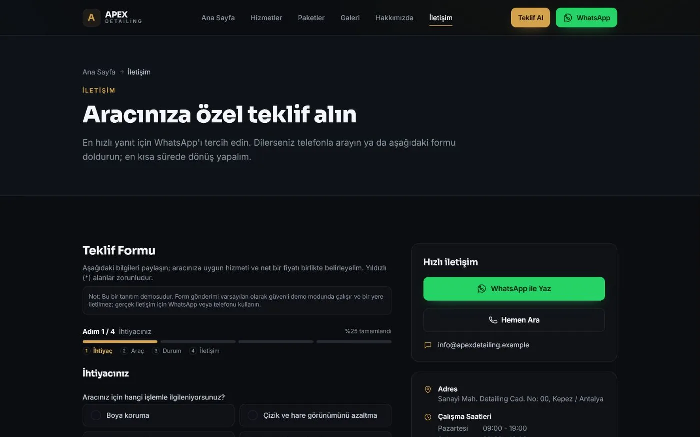 Apex teklif akışının masaüstü ve mobil arayüzleri