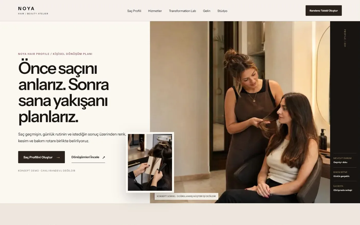 NOYA Hair & Beauty sektör çalışmasının gerçek tarayıcı arayüzü